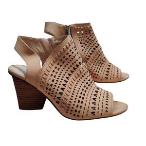 Vince Camuto 8.5 Laser Cut Peep Toe Leather Sandals Tan Block Heel Booties Zip